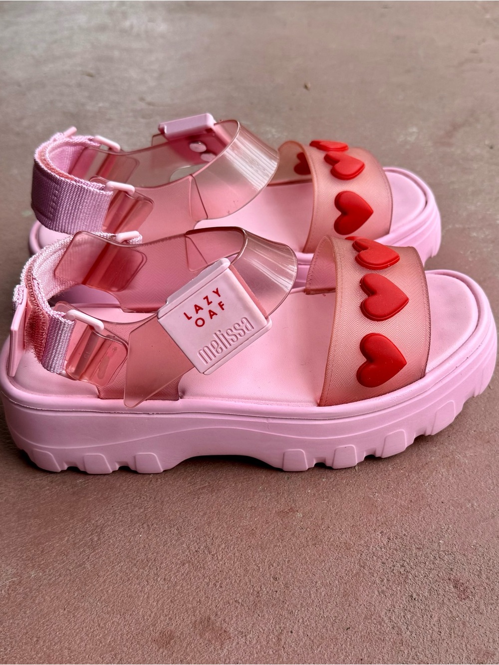 Melissa x Lazy Oaf Pink Platform Sandals with Red Heart Accents